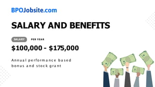 SALARY AND BENEFITS
$100,000 - $175,000
An n u a l p e rfo rm a n c e b a s e d
b o n u s a n d s to c k g ra n t
SALARY PER YEA R
 