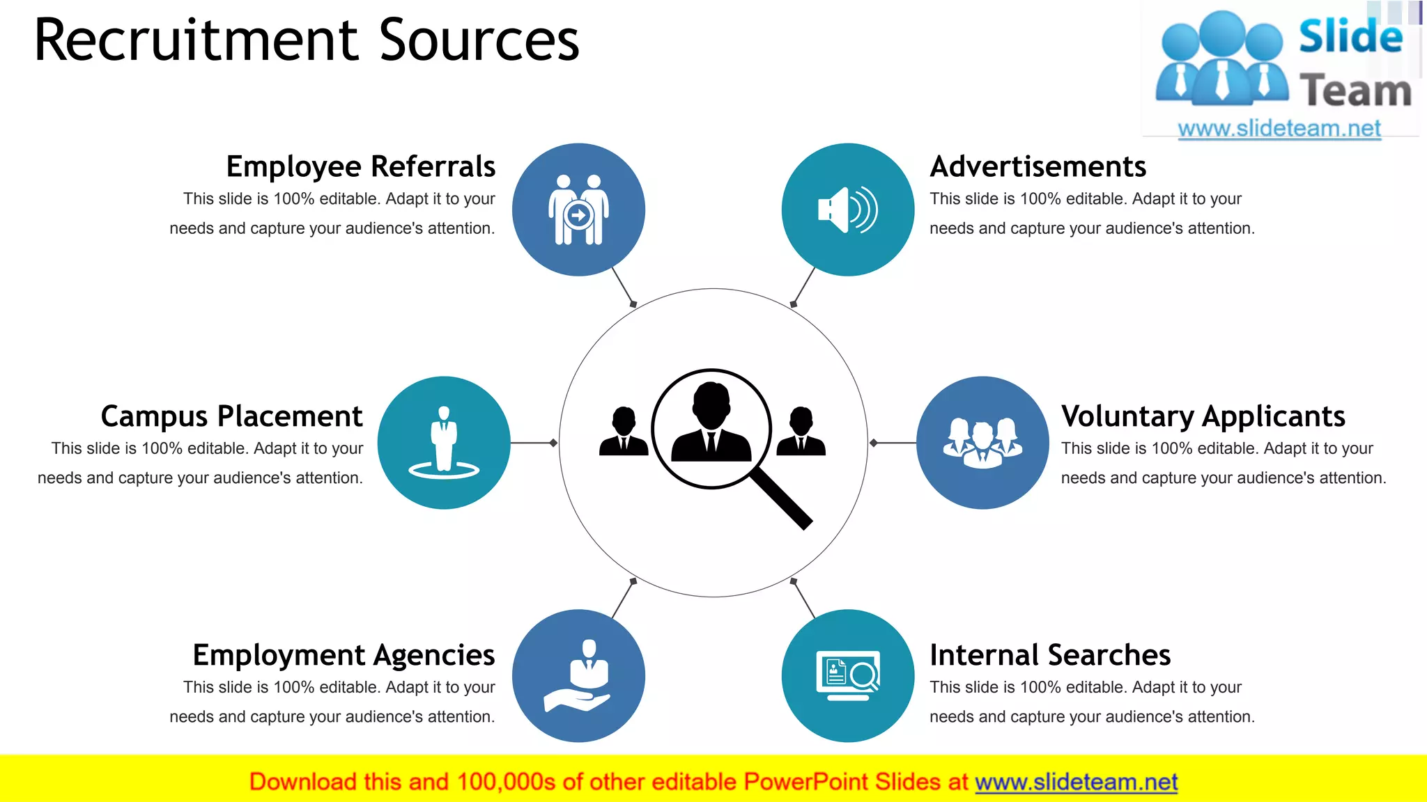 Recruitment Sources
7
Advertisements
This slide is 100% editable. Adapt it to your
needs and capture your audience's attention.
Voluntary Applicants
This slide is 100% editable. Adapt it to your
needs and capture your audience's attention.
Internal Searches
This slide is 100% editable. Adapt it to your
needs and capture your audience's attention.
Employment Agencies
This slide is 100% editable. Adapt it to your
needs and capture your audience's attention.
Campus Placement
This slide is 100% editable. Adapt it to your
needs and capture your audience's attention.
Employee Referrals
This slide is 100% editable. Adapt it to your
needs and capture your audience's attention.
 