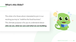 This slide is for those whom interested to join in our
exciting journey to "redefine the food business".

The ultimate purpose is for you to understand about
who we are, what we care and what we are building.
02
What's this Slide?
What's this Slide?
 