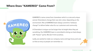 KAMEREO's name comes from chameleon which is a cute and unique
animal. Chameleons change their own skin colour depending on the
environment. We as KAMEREO team always commit to “embrace
change” to deliver better value for our customers and community.


A Chameleon's tongue can be longer than its height when they eat
something. Our KAMEREO team is committed to doing our best always
with “Kaizen” spirits. We don’t limit ourselves.


Lastly, we wanted to make our company name and logo funny and cute
so that as many as people can remember us.
32
team & CULture
Where Does "KAMEREO" Come From?
KAMEREO
 