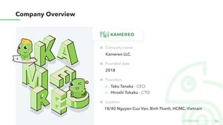 06
overview
Founded date
2018
Location
18/40 Nguyen Cuu Van, Binh Thanh, HCMC, Vietnam
Company name
Kamereo LLC.
Founders
Taku Tanaka - CEO
Hiroshi Tokaku - CTO
Company Overview
 