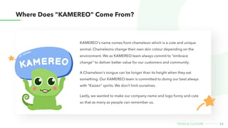 KAMEREO's name comes from chameleon which is a cute and unique
animal. Chameleons change their own skin colour depending o...