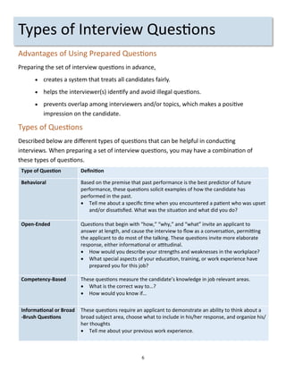 6
Types of Interview Questions
Advantages of Using Prepared Questions
Preparing the set of interview questions in advance,
 creates a system that treats all candidates fairly.
 helps the interviewer(s) identify and avoid illegal questions.
 prevents overlap among interviewers and/or topics, which makes a positive
impression on the candidate.
Types of Questions
Described below are different types of questions that can be helpful in conducting
interviews. When preparing a set of interview questions, you may have a combination of
these types of questions.
Type of Question Definition
Behavioral Based on the premise that past performance is the best predictor of future
performance, these questions solicit examples of how the candidate has
performed in the past.
 Tell me about a specific time when you encountered a patient who was upset
and/or dissatisfied. What was the situation and what did you do?
Open-Ended Questions that begin with “how,” “why,” and “what” invite an applicant to
answer at length, and cause the interview to flow as a conversation, permitting
the applicant to do most of the talking. These questions invite more elaborate
response, either informational or attitudinal.
 How would you describe your strengths and weaknesses in the workplace?
 What special aspects of your education, training, or work experience have
prepared you for this job?
Competency-Based These questions measure the candidate’s knowledge in job relevant areas.
 What is the correct way to…?
 How would you know if…
Informational or Broad
-Brush Questions
These questions require an applicant to demonstrate an ability to think about a
broad subject area, choose what to include in his/her response, and organize his/
her thoughts
 Tell me about your previous work experience.
 