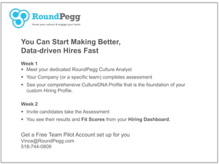 You Can Start Making Better,
Data-driven Hires Fast
Week 1
 Meet your dedicated RoundPegg Culture Analyst
 Your Company ...