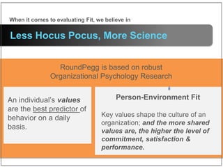 RoundPegg is based on robust
Organizational Psychology Research
Less Hocus Pocus, More Science
Person-Environment Fit
Key ...