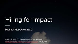 Hiring for Impact
Michael McDowell, Ed.D.
@mmcdowell13, mpmcdowell@rossbears.org,
michael.mcdowell@corwinlearning.net, #AVL2016
 