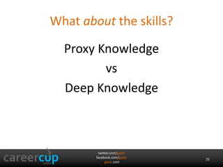 What about the skills? 
Proxy Knowledge 
vs 
Deep Knowledge 
twitter.com/gayle 
facebook.com/gayle 
gayle.com 
25 
 