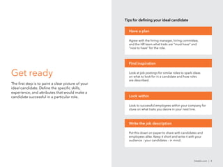 Get ready
The first step is to paint a clear picture of your
ideal candidate. Define the specific skills,
experience, and attributes that would make a
candidate successful in a particular role.
linkedin.com | 4
Tips for defining your ideal candidate
Agree with the hiring manager, hiring committee,
and the HR team what traits are “must have” and
“nice to have” for the role.
Have a plan
Look to successful employees within your company for
clues on what traits you desire in your next hire.
Look within
Look at job postings for similar roles to spark ideas
on what to look for in a candidate and how roles
are described.
Put this down on paper to share with candidates and
employees alike. Keep it short and write it with your
audience - your candidates - in mind.
Find inspiration
Write the job description
 