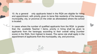 HIRING GUIDELINES FOR TEACHER 1 per DepED Order 7 s. 2015 | PPTX
