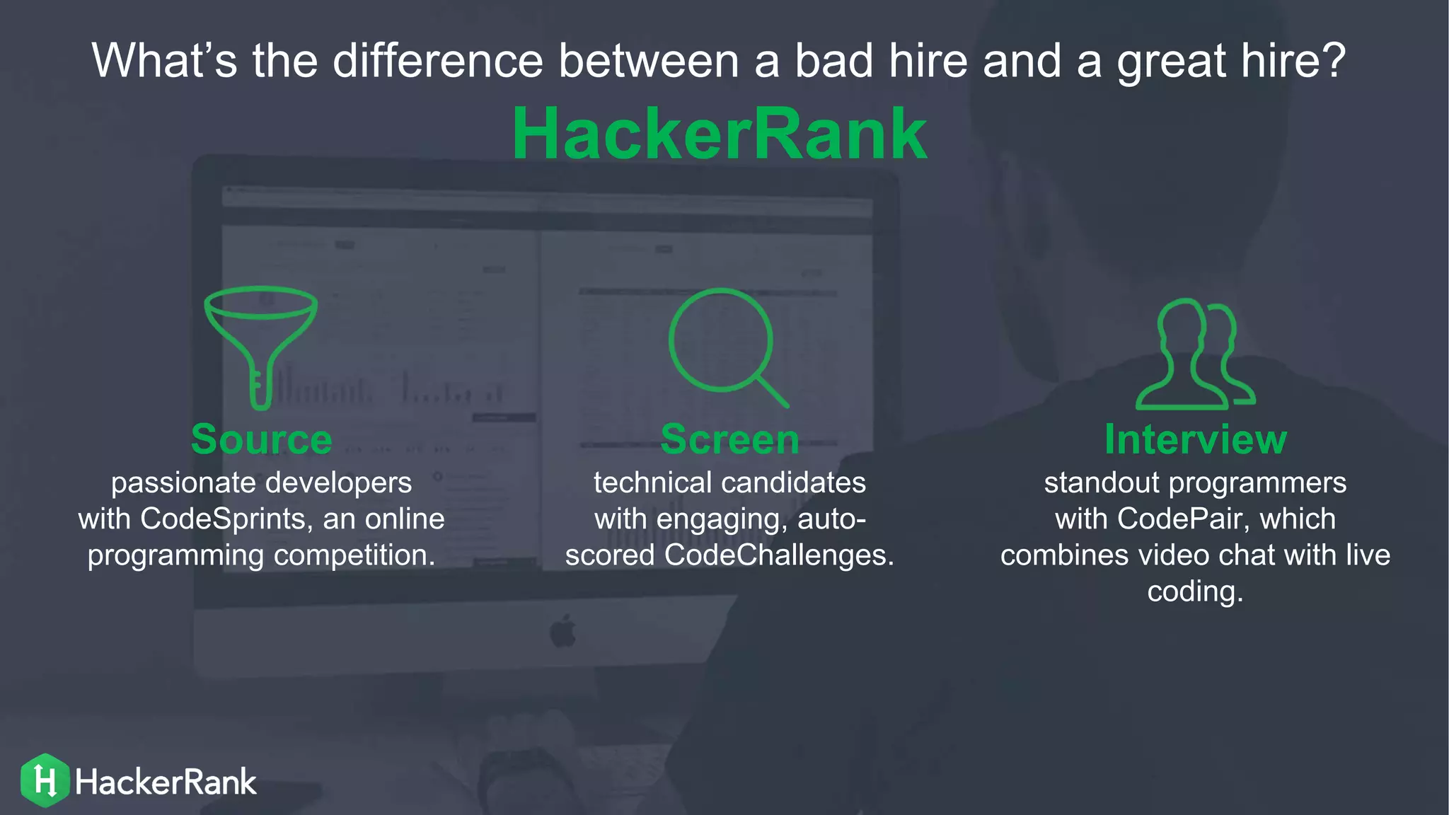 coinbase.com
Source
passionate developers
with CodeSprints, an online
programming competition.
Screen
technical candidates
with engaging, auto-
scored CodeChallenges.
Interview
standout programmers
with CodePair, which
combines video chat with live
coding.
What’s the difference between a bad hire and a great hire?
HackerRank
 