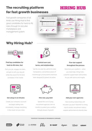 The recruiting platform
for fast growth businesses
Fast growth companies of all
kinds use Hiring Hub to ﬁnd
great candidates for hard-to-ﬁll
roles through its recruiter
marketplace and
management system.
.
Why Hiring Hub?
Find top candidates for
hard-to-ﬁll roles, fast
Spend vs. Budget
Spend vs. previous year
Feb Mar Apr May Jun Jul
2018
2019
Budget
Total jobs
Jan Feb Mar Apr May Jun Jul Aug Sept
0
100
150
200
250 Hays
Agency placements
Adecco
Reed
Hiring Hub
Other
0 10 20 30 40 50
Jobs by team/sector
HR
Sales
Tech
Finance
Marketing
0 10 20 30 40 50
Time to hire (days)
22
Hiring Hub
38
Hays
32
Reed
Spend by dept.
IT
Sales Marketing HR Legal Finance
2018 2019
Payment due
Payment made
15%
< 15%
20%+
17.5%
1 6 22
Av. time-to-
respond
Av. time-to-
interview
Av. time-to-
hire
Success rates (days)
Totals
Payments
316
Total interviews
2436
Total placements 39%
812 Total jobs
Data & Analytics
Aug Sept
Fees Suppliers
PSL
Hiring Hub
251 Oﬀer rate 31%
Vision Recruit
Holly Yates
Vision Recruit
Manchester
9.8
HH SCORE OUT OF 10
Key Perfomance Metrics
Very Good
56%
Interview rate
188
Engagements
105
Interviews
32
Placements
Employer Reviews
VISION
RECRUITMENT
Insight
August 24th, 2020
“It just takes the hassle out of working with multiple recruiters and ﬁnding great talent, which means I
can get on with my day job knowing recruitment’s covered.”
Globex Ltd
August 24th, 2020
“Having someone to talk to about things like salaries and fees really helps – we get a lot of market
intelligence from our Hiring Hub account manager.”
Candidate reviews
Recently ﬁlled roles
Marketing Director
New Business Development Manager
PPC Manager
League Table
Rank
1.
2.
3.
4.
5.
Agency
Vision Recruitment
Placement Pros
Head Start
Nexus Recruitment
Globex Hires
Origin
Marketplace
Marketplace
PSL
Marketplace
Marketplace
Placements Engagements Interview Rate
28
21
45 37%
27 29%
17
13
13
9
8 4
24%
21%
7%
Fill rate
Total
190
PSL
40
Marketplace
76
Post your job, engage recruiters,
and get on with your day job
while they search for the best
candidates in the market
Control over cost,
terms, and relationships
Set the recruiter fee upfront for total
transparency, and achieve peace of
mind through universal terms that have
been designed to protect all parties.
Five-star support
throughout the process
More than just a platform – when
you need help, Hiring Hub’s
customer support team will be there
for you with advice and insights.
Get setup in 10 minutes
Create your company’s account
and begin adding roles
immediately; manage everything
in the cloud, not your inbox.
Hire now, pay later
Spread the cost of using
recruitment agencies over six
months to protect your cashﬂow
through phases of growth.
Add your own agencies
Have existing relationships with
recruiters you love? Add them to Hiring
Hub & monitor recruitment metrics,
supplier performance,& diversity data.
TRUSTED BY THOUSANDS OF PROGRESSIVE COMPANIES
£
 