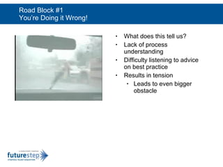 Road Block #1 You’re Doing it Wrong! What does this tell us? Lack of process understanding Difficulty listening to advice on best practice Results in tension Leads to even bigger obstacle 