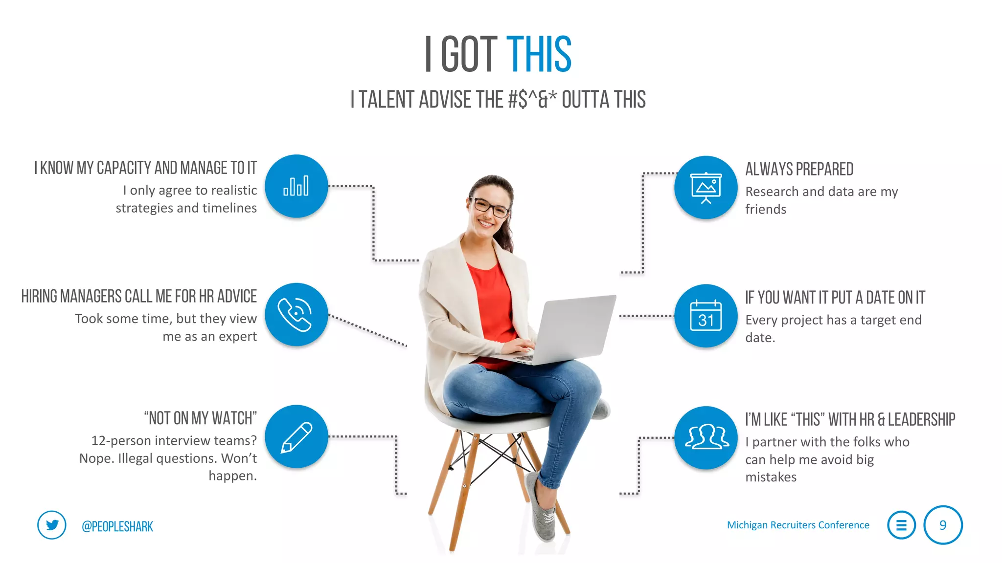 Michigan	Recruiters	Conference 9@peopleshark
I got this
I talent advise the #$^&* outta this
“Not on mywatch”
12-person	interview	teams?	
Nope.	Illegal	questions.	Won’t	
happen.
If you want it put a date on it
Every	project	has	a	target	end	
date.
I know mycapacityand manage to it
I	only	agree	to	realistic	
strategies	and	timelines
Always prepared
Research	and	data	are	my	
friends
Hiring managers call me for hr advice
Took	some	time,	but	they	view	
me	as	an	expert
I’m like “this” with HR & Leadership
I	partner	with	the	folks	who	
can	help	me	avoid	big	
mistakes
 