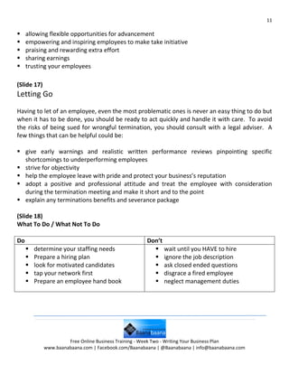 11

    allowing flexible opportunities for advancement
    empowering and inspiring employees to make take initiative
    praising and rewarding extra effort
    sharing earnings
    trusting your employees

(Slide 17)
Letting Go
Having to let of an employee, even the most problematic ones is never an easy thing to do but
when it has to be done, you should be ready to act quickly and handle it with care. To avoid
the risks of being sued for wrongful termination, you should consult with a legal adviser. A
few things that can be helpful could be:

 give early warnings and realistic written performance reviews pinpointing specific
  shortcomings to underperforming employees
 strive for objectivity
 help the employee leave with pride and protect your business’s reputation
 adopt a positive and professional attitude and treat the employee with consideration
  during the termination meeting and make it short and to the point
 explain any terminations benefits and severance package

(Slide 18)
What To Do / What Not To Do

Do                                                    Don’t
        determine your staffing needs                   wait until you HAVE to hire
        Prepare a hiring plan                           ignore the job description
        look for motivated candidates                   ask closed ended questions
        tap your network first                          disgrace a fired employee
        Prepare an employee hand book                   neglect management duties




                      Free Online Business Training - Week Two - Writing Your Business Plan
             www.baanabaana.com | Facebook.com/Baanabaana | @Baanabaana | info@baanabaana.com
 