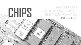 CHIPS
HAVE NUMBERS
SOLVE SPECIFIC PURPOSE
DINSTINCTLY FUNCTION
ARE UNIQUE
 