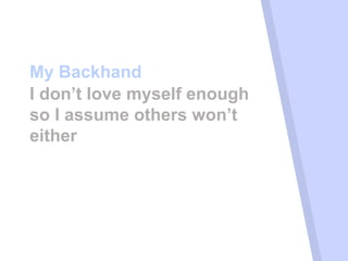 My Backhand
I don’t love myself enough
so I assume others won’t
either
 
