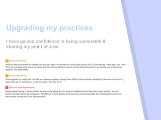 “
Upgrading my practices
I have gained confidence in being vulnerable &
sharing my point of view.
 