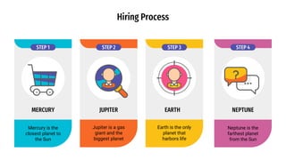 STEP 1 STEP 2 STEP 4
STEP 3
Mercury is the
closest planet to
the Sun
Jupiter is a gas
giant and the
biggest planet
Earth is the only
planet that
harbors life
Neptune is the
farthest planet
from the Sun
MERCURY JUPITER EARTH NEPTUNE
Hiring Process
 