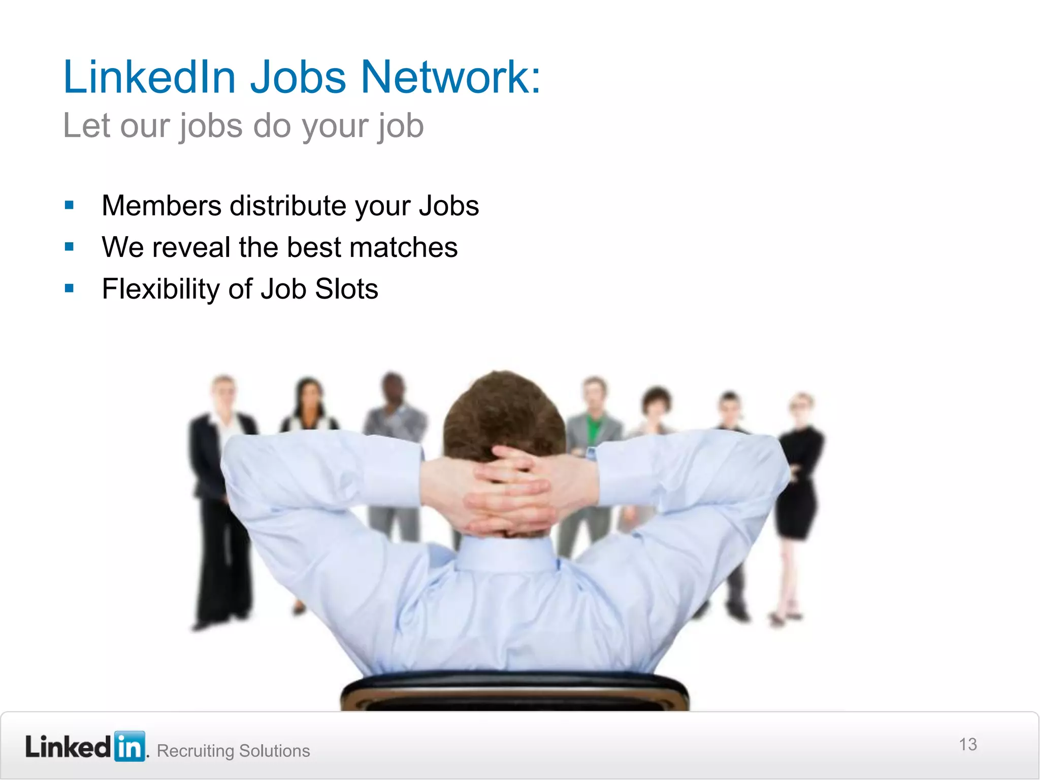 LinkedIn Jobs Network: Let our jobs do your jobMembers distribute your JobsWe reveal the best matchesFlexibility of Job Slots13