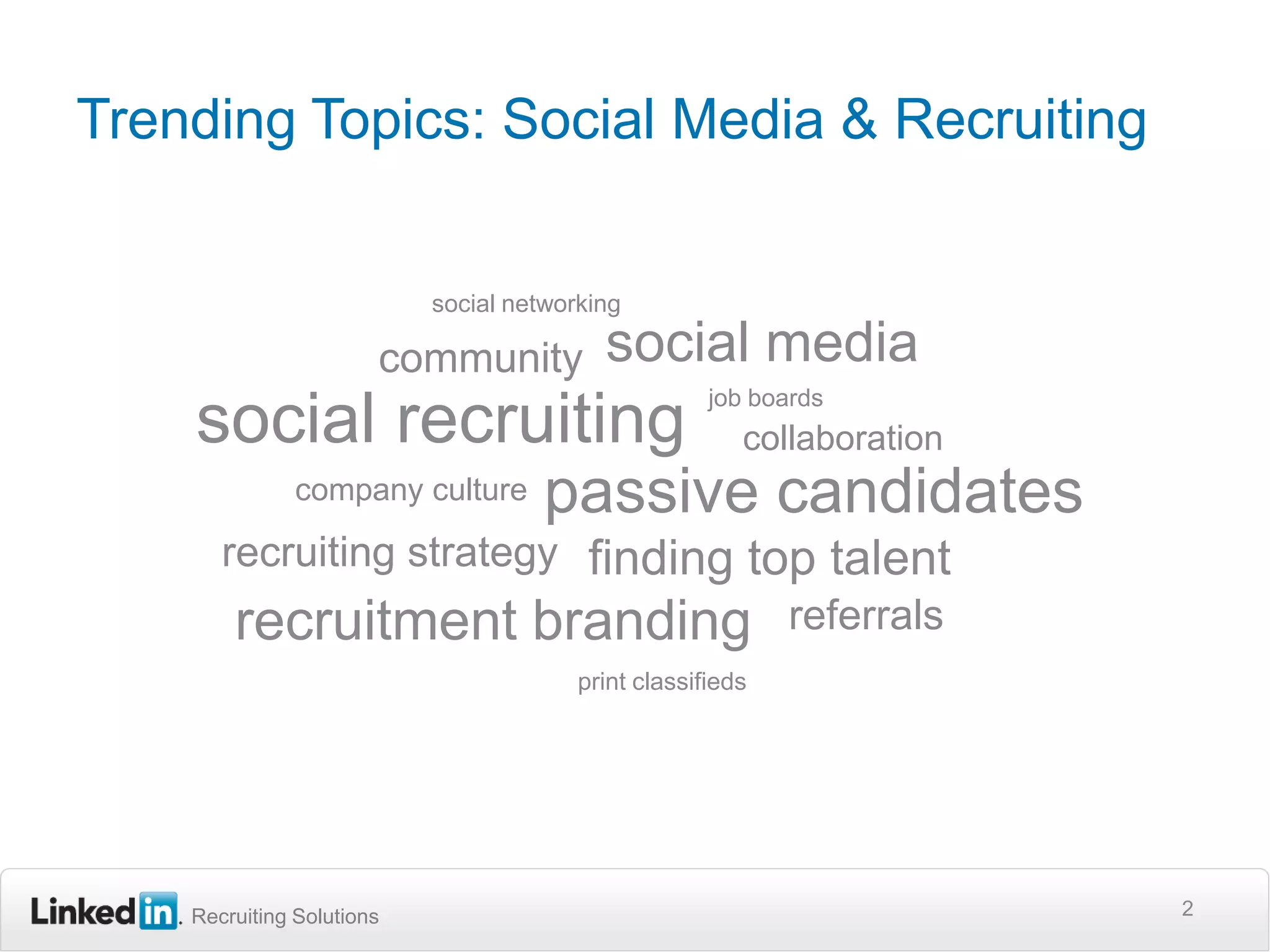 Trending Topics: Social Media & Recruiting2social networkingsocial mediacommunitysocial recruitingcollaborationpassive candidatescompany culturejob boardsrecruiting strategyfinding top talentrecruitment brandingreferralsprint classifieds