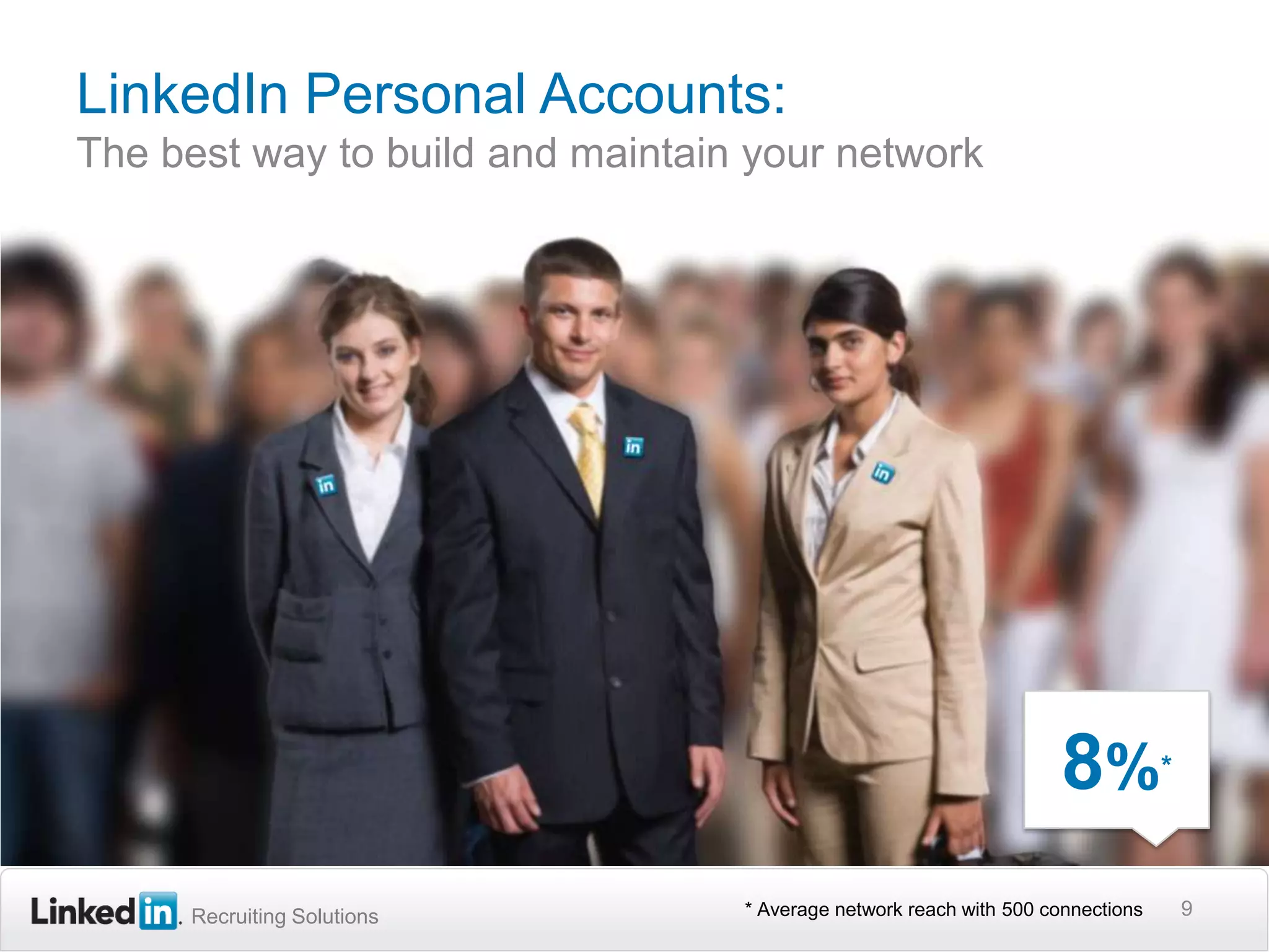 LinkedIn Personal Accounts:The best way to build and maintain your network98%** Average network reach with 500 connections