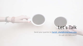 Let’s Talk
Send your queries to harish_shah@mind-evol.com
Or call +65 94510637
 