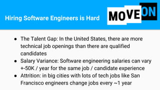 Hiring Software Engineers is Hard
● The Talent Gap: In the United States, there are more
technical job openings than there...