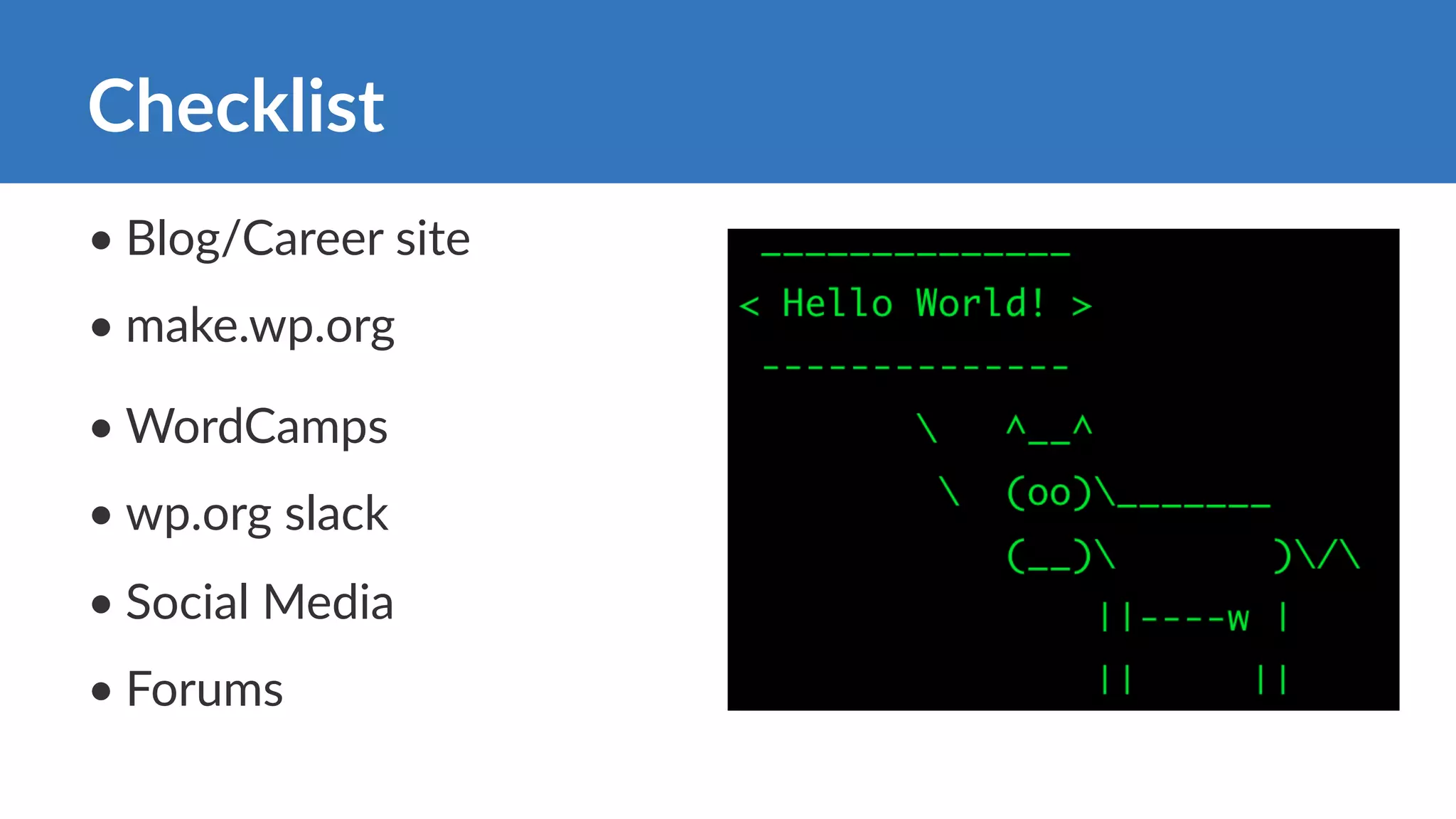 • Blog/Career site
• make.wp.org
• WordCamps
• wp.org slack
• Social Media
• Forums
Checklist
 