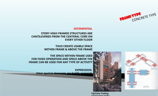 FRAME TYPE
CONCRETE TYPE
INTERSPATIAL
STORY HIGH FRAMED STRUCTURES ARE
CANTILEVERED FROM THE CENTERAL CORE ON
EVERY OTHER FLOOR
THUS CREATE USABLE SPACE
WITHIN FRAME & ABOVE THE FRAME
THE SPACE WITHIN FRAME USED
FOR FIXED OPERATION AND SPACE ABOVE THE
FRAME CAN BE USED FOR ANY TYPE OF ACTIVITY
EXPRESSION
Inter spatial elements are boldly exposed
Fig:State Trading
 