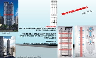 TRUSS WITH SHEAR WALL
STEEL TYPE
USE OF HANGERS INSTEAD OF COLOUMNS TO
CARRY THE FLOOR LOADS
THE TENSILE CABLE CARRY THE GRAVITY
LOADS TO TRUSSES CANTILEAVERING FROM A
CENTRAL CORE
EXPRESSION
Hangers are exposed between a number
of floors
SUSPENSION
HSBC bank
Standard bank center South Africa
 