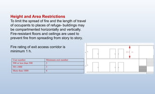 Height and Area Restrictions
To limit the spread of fire and the length of travel
of occupants to places of refuge- build­
ings may
be compartmented horizontally and vertically.
Fire-resistant floors and ceilings are used to
prevent fire from spreading from story to story.
User number Minimum exit number
500 or less than 500 2
501-1000 3
More than 1000 4
Fire rating of exit access corridor is
minimum 1 h.
 