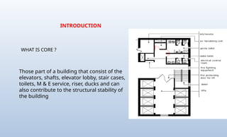 WHAT IS CORE ?
Those part of a building that consist of the
elevators, shafts, elevator lobby, stair cases,
toilets, M & E service, riser, ducks and can
also contribute to the structural stability of
the building
INTRODUCTION
 