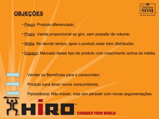 Preço : Produto diferenciado; Prazo : Venda proporcional ao giro, sem pressão de volume; Mídia : No devido tempo, após o produto estar bem distribuído; Espaço : Mercado desse tipo de produto com crescimento acima da média. OBJEÇÕES Vender os Benefícios para o consumidor; Produto para atrair novos consumidores; Persistência: Não insistir, mas sim persistir com novas argumentações. 