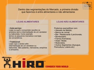 Dentro das segmentações do Mercado, a primeira divisão que fazemos é entre alimentares e não alimentares LOJAS ALIMENTARES •  Auto-serviço: Lojas na qual o consumidor escolhe os produtos sem a intermediação de um vendedor ou balconista. Como exemplo  temos os pequenos mercados e as lojas  de conveniência. •  Tradicional: Lojas cuja a venda sofre intermediação de um vendedor ou balconista. São padarias, mercearias, empórios e armazéns. LOJAS NÃO ALIMENTARES Podemos exemplificar com: •  Atacado de Balcão; •  Banca de Jornal; •  Bar / Restaurante /Lanchonete; •  Bomboniere; •  Farma (Farmácia); •  Hotel / Motel; •  Rodoviária; •  Outros Segmentos (Açougue, Floricultura; Loteria etc) 