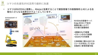 Copyright © 2018 Uhuru Corporation, All Right Reserved.
• コマツはNVIDIAと提携し、Abejaと協業することで建設現場での画像解析とAIによる自
動化にさらなる拍車をかけようとしています。
24
コマツの先進性がAI活用で劇的に加速
建機に搭載
NVIDIAの現場サーバ
Edge BOXに下記の
画像を吸い上げて
その場で画像解析
• 建機のカメラ画像
• ドローンのカメラ画像
• 定点カメラの画像
工事現場に関わる全ての
リソースが何をしているか
自動的に管理把握可能
NVIDIAのAIボード
Jetson
 