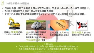 Copyright © 2018 Uhuru Corporation, All Right Reserved.
IoT取り組みの着眼点
• 日本は今後10年で労働者人口が500万人減り、50歳以上の人口とそれ以下が同数に。
• さらに今後30年で人口が1億人を切る課題先進国
• グローバル進出する企業は現地マネジメント人材が不足。現場の見える化が課題。
• 4：Dream
• 「モノ」だけではなく、むしろ「ヒト」に着目した方がIoT導入されやすい
• 人手に勝るきめ細やかなIoTサービスは他国に真似できないポイント
16
熟練した作業者が減っ
てしまうという危機感
人が介在しなくても事故を
起こさない社会の実現
物流車両／レンタカーの人
手に依存しない管理
注文したモノが人のいる
場所に配送される仕組み
訪日外国人がいかに
便利に日本で過ごせるか
 