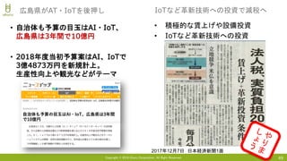 Copyright © 2018 Uhuru Corporation, All Right Reserved.
• 自治体も予算の目玉はAI・IoT、
広島県は3年間で10億円
• 2018年度当初予算案はAI、IoTで
3億4873万円を新規計上。
生産性向上や観光などがテーマ
49
広島県がAT・IoTを後押し
2017年12月7日 日本経済新聞1面
IoTなど革新技術への投資で減税へ
• 積極的な賃上げや設備投資
• IoTなど革新技術への投資
 