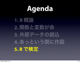 Agenda
                          1. R
                          2.
                          3.
                          4.
                          5. R

Friday, February 10, 12                   136
 