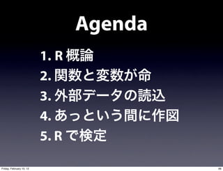 Agenda
                          1. R
                          2.
                          3.
                          4.
                          5. R

Friday, February 10, 12                   66
 