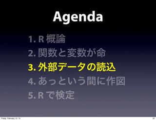 Agenda
                          1. R
                          2.
                          3.
                          4.
                          5. R

Friday, February 10, 12                   67
 