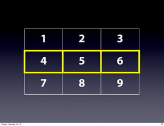 1   2   3
                          4   5   6
                          7   8   9


Friday, February 10, 12               78
 