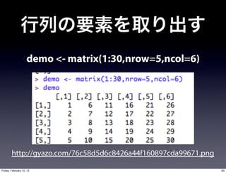 demo <- matrix(1:30,nrow=5,ncol=6)




        http://gyazo.com/76c58d5d6c8426a44f160897cda99671.png

Friday, February 10, 12                                         93
 