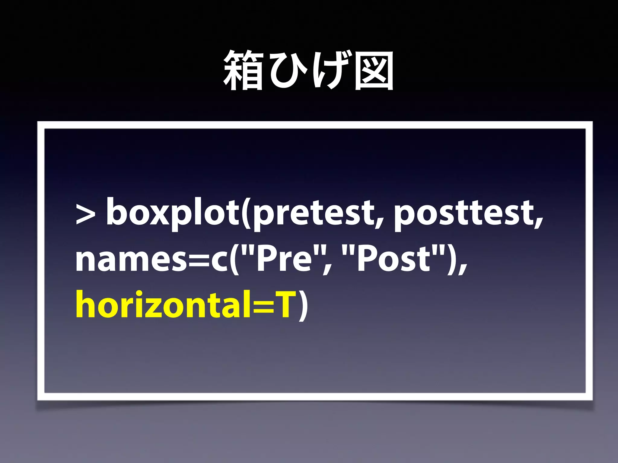 箱ひげ図
> boxplot(pretest, posttest,
names=c("Pre", "Post"),
horizontal=T)
 