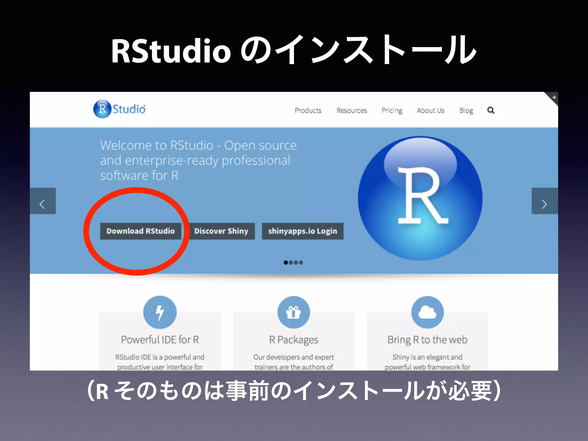 RStudio のインストール
（R そのものは事前のインストールが必要）
 