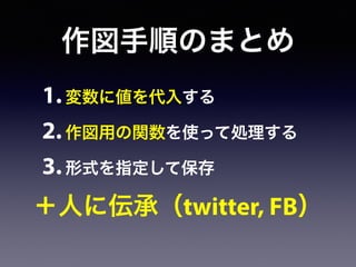 作図手順のまとめ
1.変数に値を代入する
2.作図用の関数を使って処理する
3.形式を指定して保存
＋人に伝承（twitter, FB）
 