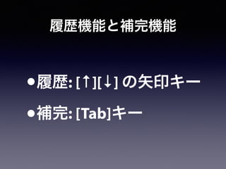 履歴機能と補完機能
•履歴: [↑][↓] の矢印キー
•補完: [Tab]キー
 