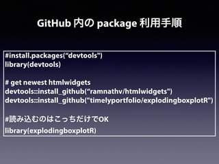 #install.packages(“devtools")
library(devtools)
# get newest htmlwidgets
devtools::install_github(“ramnathv/htmlwidgets")
devtools::install_github("timelyportfolio/explodingboxplotR")
#読み込むのはこっちだけでOK
library(explodingboxplotR)
GitHub 内の package 利用手順
 