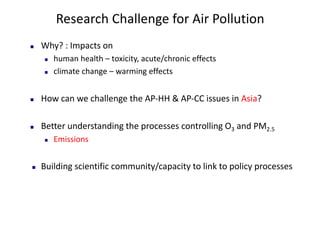 Research	Challenge	for	Air	Pollution
n Why?	:	Impacts	on	
n human	health	– toxicity,	acute/chronic	effects
n climate	change	– warming	effects
n How	can	we	challenge	the	AP-HH	&	AP-CC	issues	in	Asia?	
n Better	understanding	the	processes	controlling	O3 and	PM2.5
n Emissions
n Building	scientific	community/capacity	to	link	to	policy	processes	
 