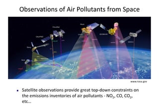Observations	of	Air	Pollutants	from	Space
n Satellite	observations	provide	great	top-down	constraints	on	
the	emissions	inventories	of	air	pollutants	- NO2,	CO,	CO2,	
etc…	
www.nasa.gov
 