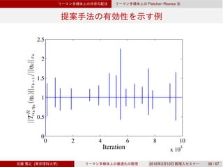 Fletcher–Reeves
0 2 4 6 8 10
x 10
4
0
0.5
1
1.5
2
2.5
Iteration
||TR
αkηk
(ηk)||xk+1
/||ηk||xk
( ) 2016 3 10 38 / 67
 